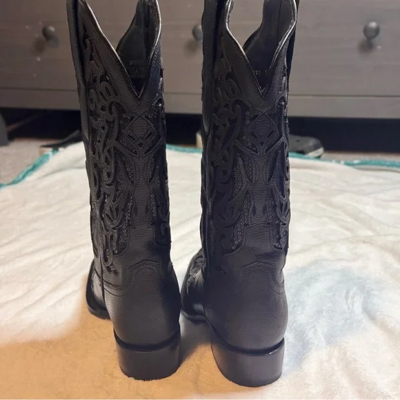 JB Dillion Black Leather & Sequin Cowboy Boots Size 7 1/2 (7.5) Never Worn. - Picture 7 of 9
